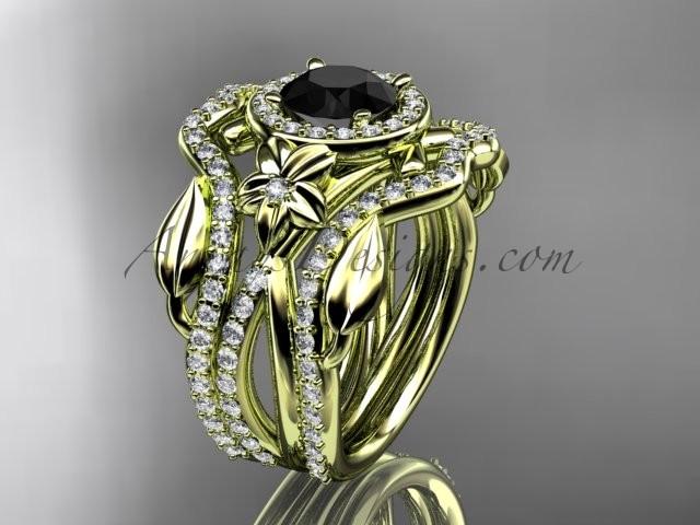 زفاف - 14kt yellow gold diamond leaf and vine, flower engagement ring, wedding ring, with Black Diamond center stone and double matching band ADLR89S