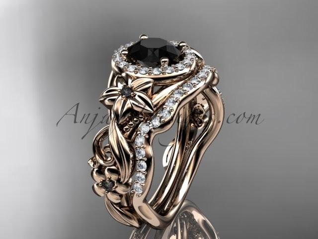 Свадьба - 14kt rose gold diamond unique engagement set, wedding set with a Black Diamond center stone ADLR300