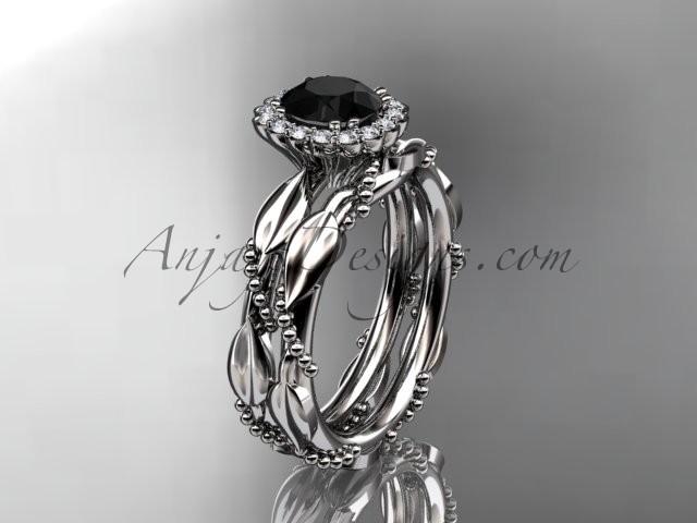 Wedding - Platinum diamond leaf and vine wedding set, engagement set with a Black Diamond center stone ADLR337