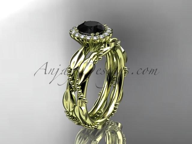 زفاف - 14kt yellow gold diamond leaf and vine wedding set, engagement set with a Black Diamond center stone ADLR337