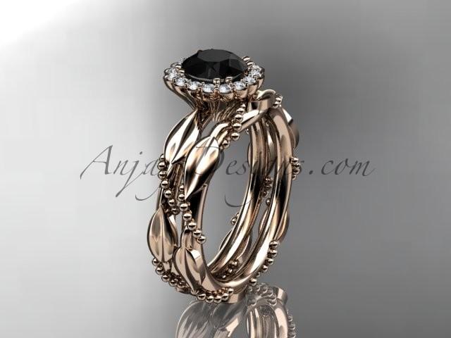 زفاف - 14kt rose gold diamond leaf and vine wedding set, engagement set with a Black Diamond center stone ADLR337