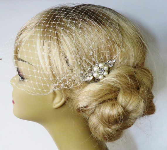 زفاف - Birdcage Veil and a Pearl Hair Comb (2 Items)  Bridal Headpiece Rhinestone Bridal Comb Weddings Blusher Bird Cage Veil