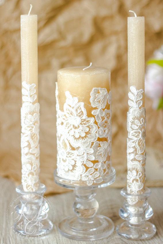Mariage - Caramel & lace wedding unity candles, rustic chic wedding, vintage chic, rustic wedding ideas, country wedding, vintage candle set, 3pcs