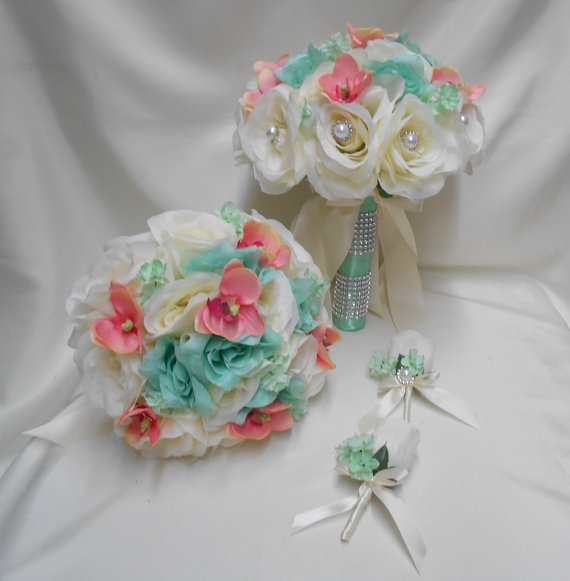 Mariage - Wedding Silk Flower Bridal Bouquet 18 pieces Package Ivory Mint Rose Coral mini orchids Bride Bridesmaid Boutonniere Corsages