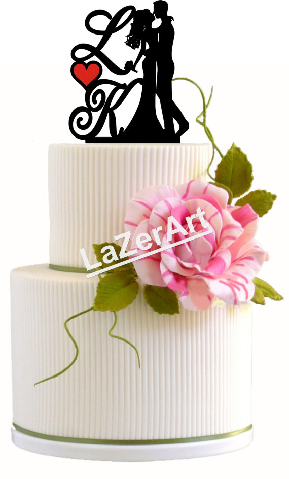 Hochzeit - Custom Wedding Cake Topper First Kiss Silhouette Groom and Bride with Initials