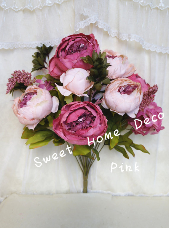 Wedding - JennysFlowerShop 18'' Super Soft Blooming Peony Silk Artificial Wedding Bouquet Home Flowers Pink