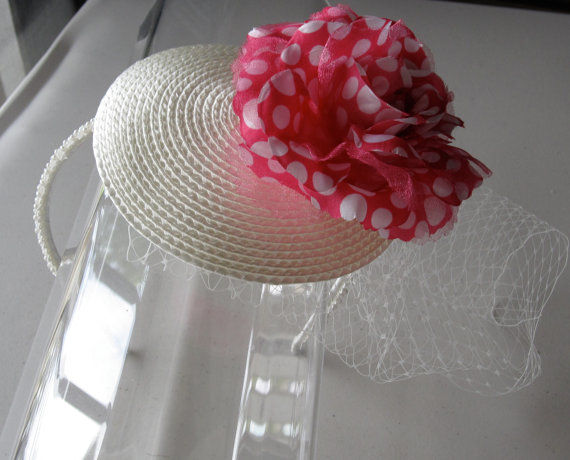 Wedding - Pink Polka Dot Flower White Straw Fascinator Hat with Veil and Beaded Headband, for weddings, parties, special occasions