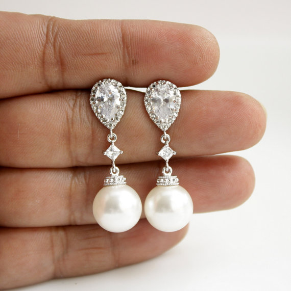 زفاف - Pearl Wedding Earrings Crystal Pearl Bridal Earrings White Round Swarovski Pearl Earrings