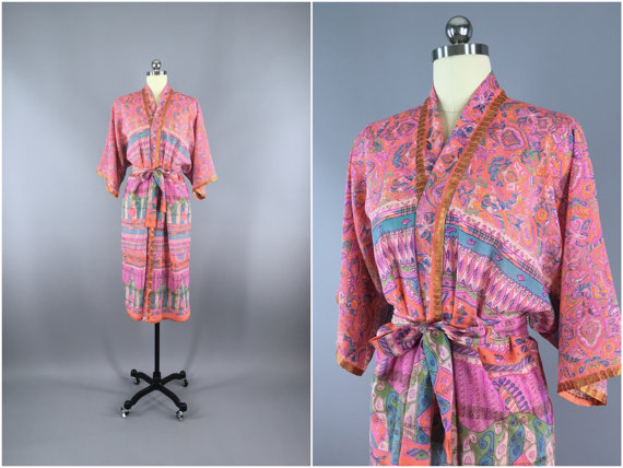 Wedding - Chiffon Robe / Sari Robe Kimono / Vintage Indian Sari / Dressing Gown Wedding Lingerie / Boho Bohemian / Coral Pink Green