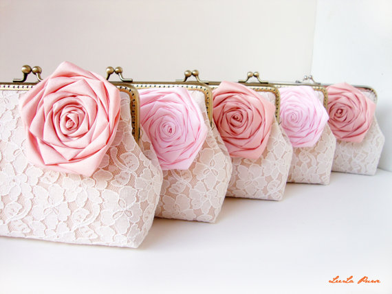 Mariage - Pink Bridesmaid Gifts / 5* Personalized Ivory Lace Clutches and shades of pink peach blush / Wedding Party