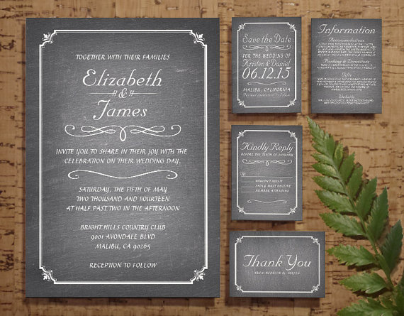 Mariage - White Chalkboard Wedding Invitation Set/Suite, Invites, Save the date, RSVP, Thank You Cards, Response, Printable/Digital/PDF or Printed
