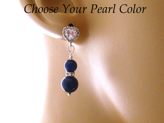 زفاف - Lapis Blue Pearl CZ Earrings, Cubic Zirconia Blue Bridal Earrings: Wedding Jewelry, Special Occasion Earrings, Sterling Silver