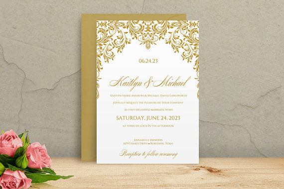 Wedding - Printable Wedding Invitation Template - DOWNLOAD Instantly - EDITABLE TEXT - Kate (Gold)  - Microsoft Word Format