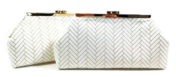 Wedding - Gold and White Bridesmaid Clutches, Wedding Clutch, Bridal Clutch - You Design Metallic Gold White Set of 10 Clasp Clutches Purses