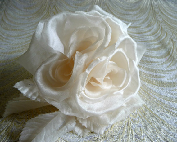 Wedding - Silk Roses Ivory Vintage Style for Weddings Hats Corsage Bridal Bouquet Gown