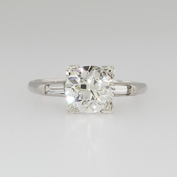 Wedding - Lively Art Deco 1.47ctw Old European Cut Diamond & Baguette Diamond Engagement Ring Platinum