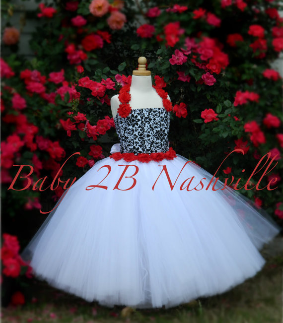 Mariage - Damask  Flower Girl Dress, Wedding Flower Girl  Dress, Black  Dress,Wedding Flower Girl Tutu Dress Baby to Girls 9-10