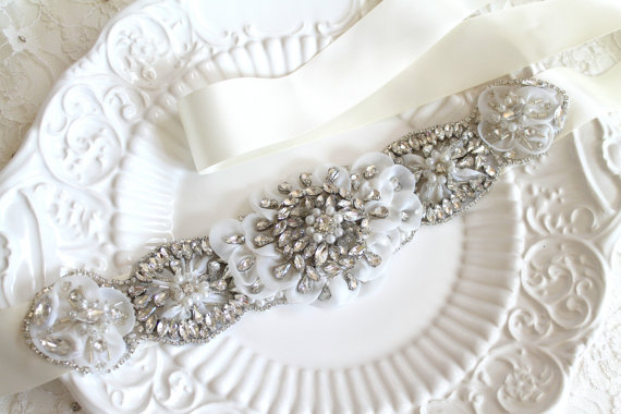Hochzeit - Bridal beaded swarovski crystal organza flower sash.  Couture rhinestone pearl applique wedding belt. ILLUSION