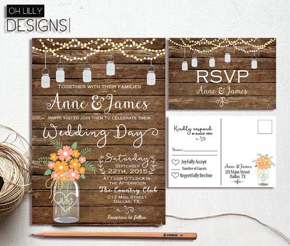 Hochzeit - Rustic Wedding Invitation Printable, Country Wedding Invitation, Digital file, Printable, wedding invitation suite, Mason Jar Wedding