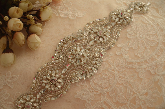 Свадьба - Rhinestone Applique with Pearls , Beaded Bridal Applique for Wedding Sash Bridal Belt