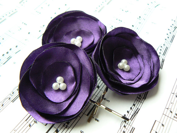 زفاف - Purple wedding bridal flower hair clips(set of 3), bridesmaid hair, bridal hair accessory, bridal floral headpiece, wedding hair accessories