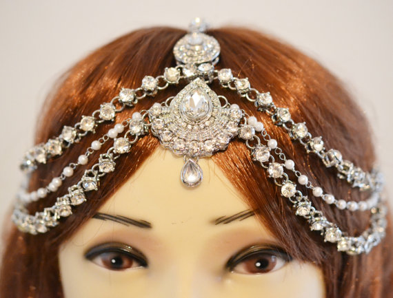 Hochzeit - Silver Crystal Three Row  Pearl Indian Matha Patti Tikka Head Chain Jewellery Bridal Prom