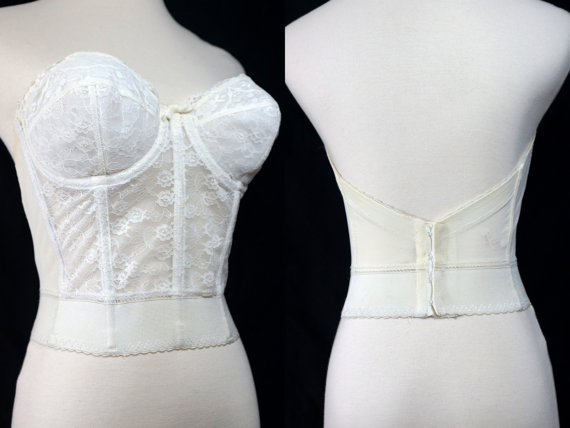 Hochzeit - 1980s White Lace Bustier Push Up Underwire Long Line Bra Strapless Shapewear 34B 34C