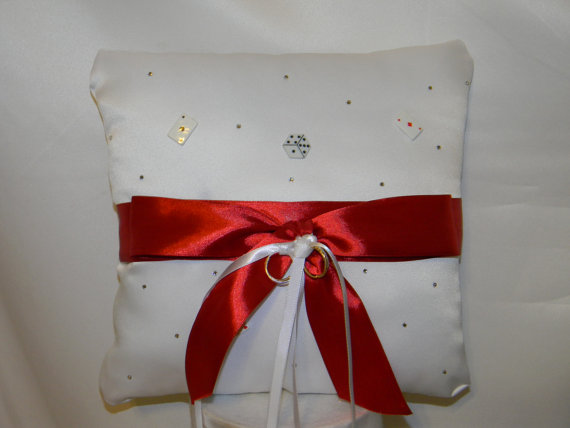 Hochzeit - Wedding Ring Bearer Pillow White red bow Las Vegas theme custom made any color theme