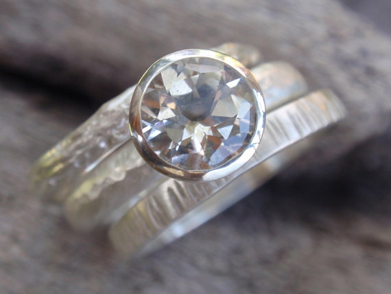 زفاف - engagement ring wedding band set of 3 stacking rings in sterling silver 7mm natural white topaz gemstone ring