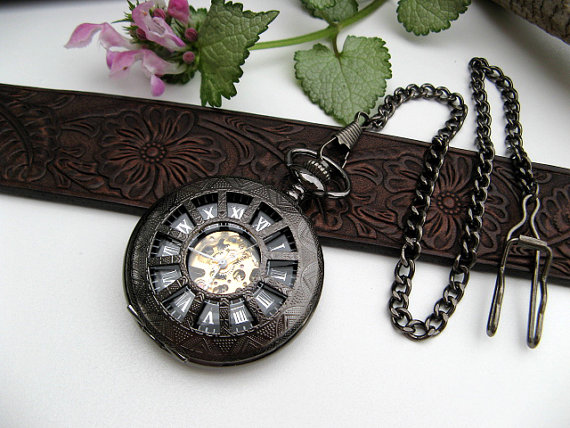 Hochzeit - Neo Victorian Black Mechanical Pocket Watch 17 Jewel - Pocket Watch Chain - Watch - Best Man - Groomsmen Gift - Item MPW160