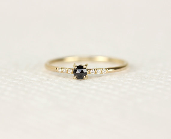 زفاف - 14k Solid Gold Black Rose Cut Diamond Ring With Brilliant Cut White Diamond In Pave Setting, Black Round Rose Cut Diamond Engagement Ring