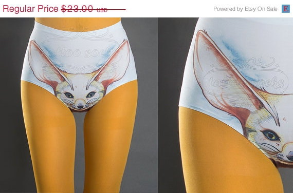 Mariage - SALE /20%OFF/ ENDS Jul31 Fennec Fox Panties, high waist knickers, hand drawn illustration printed on white panties, underwear by tattoo sock