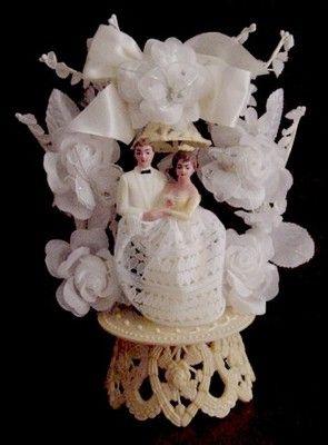 Свадьба - Vintage Wedding Cake Topper Floral Butterflies Lace Ribbon Hand Painted Plastic