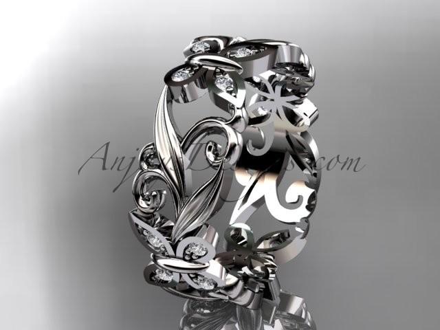 زفاف - Platinum diamond leaf and vine butterfly wedding ring, engagement ring, wedding band ADLR144