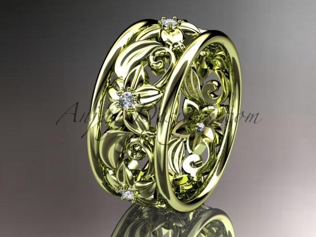 Hochzeit - 14kt yellow gold diamond leaf and vine wedding ring, wedding band ADLR150