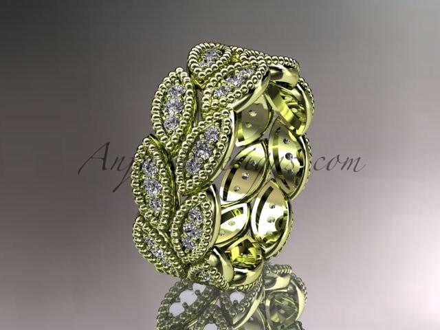 Wedding - 14kt yellow gold diamond leaf wedding ring, engagement ring, wedding band. nature inspired jewelry ADLR54
