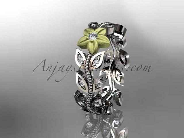 زفاف - 14kt two-tone gold diamond flower, leaf and vine wedding ring, engagement ring, wedding band ADLR161