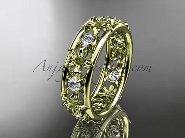 Mariage - 14kt yellow gold diamond leaf wedding ring, engagement ring, wedding band. ADLR160 nature inspired jewelry