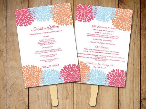 Mariage - Beach Wedding Program Fan Template Ceremony Program - Chrysanthemum Guava Coral Peach Orange Blue Instant Download - DIY Wedding Program