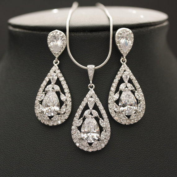 زفاف - Crystal Bridal Jewelry Set Wedding Earrings and Necklace Set Cubic Zirconia Teardrops Bridal Jewelry