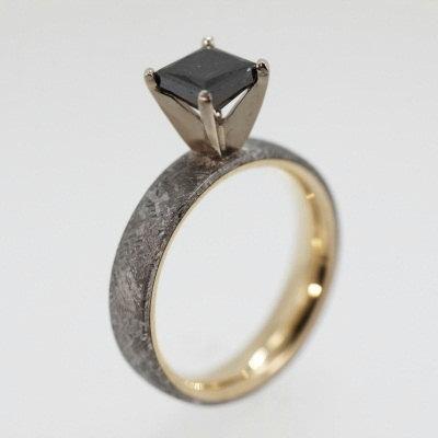 Wedding - Engagement Ring, Yellow Gold Band, Princess Cut Black Diamond, Meteorite Ring