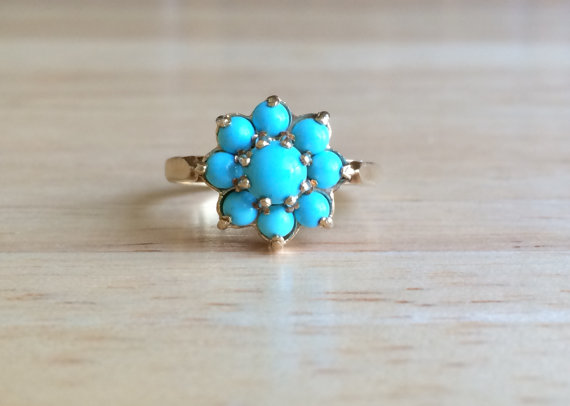 زفاف - Antique 9ct Yellow Gold Blue Turquoise Stone Cluster Ring - Size 7 1/4 Sizeable Alternative Engagement / Wedding Vintage Floral Jewelry