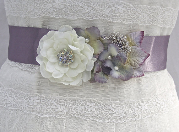 زفاف - Vintage Inspired Bridal Sash-Wedding Sash In Lavender, Lilac And Ivory With Crystals,Pearls And Rhinestones,Wedding Dress Sash, Bridal Belt