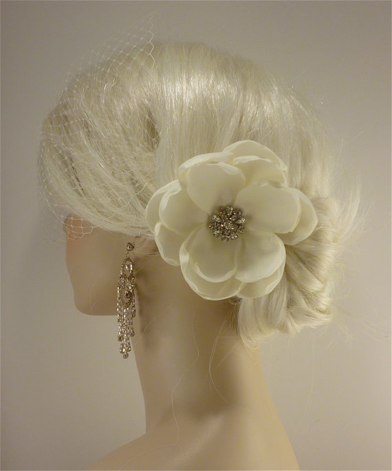 Wedding - Handmade Champagne or Ivory Bridal Flower Fascinator with Veil, Bridal Fascinator, Bridal Flower Hair clip, Flower Hair Clip, Bandeau Veil