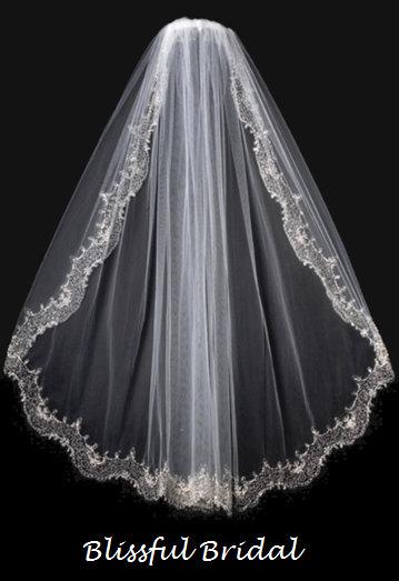 زفاف - Embroidered Beaded Edge Wedding Veil, Vintage Wedding Veil, Embroidered Silver Edge Wedding Veil, Crystal Edge Wedding Veil