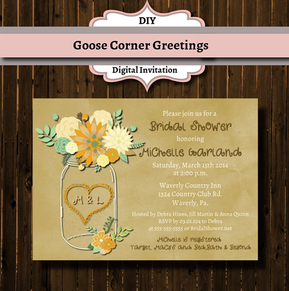 زفاف - Floral Mason Jar Bridal Shower Invitation-Rustic-Wedding Shower-Orange-Mason Jar Invitation-Mason Jar-Kraft Paper