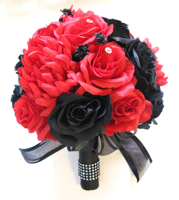 Hochzeit - Reserved listing 16 pcs Wedding Silk flower Bouquet Bridal Package BLACK ORANGE Centerpieces RosesandDreams