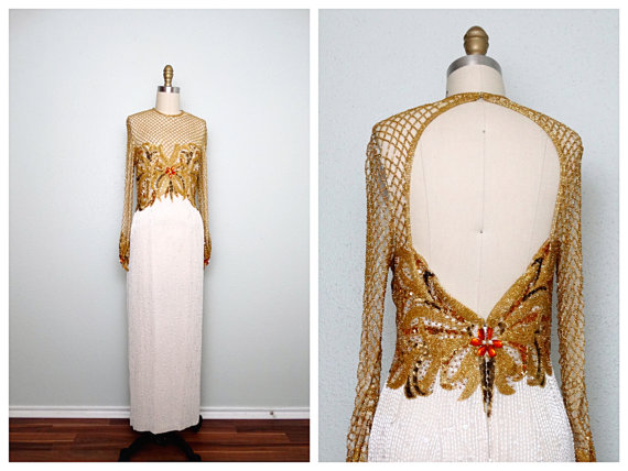 Mariage - STUNNING Gold Beaded Wedding Dress by Naeem Khan and Lillie Rubin / Ivory and Gold Open Back Bridal Gown