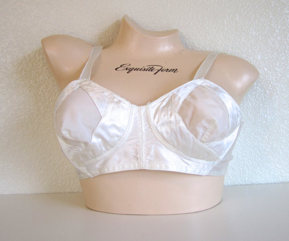 Wedding - Vintage French Sheer Mesh and White Satin 1950's Bullet Bra Small with Amazing Cutout Look