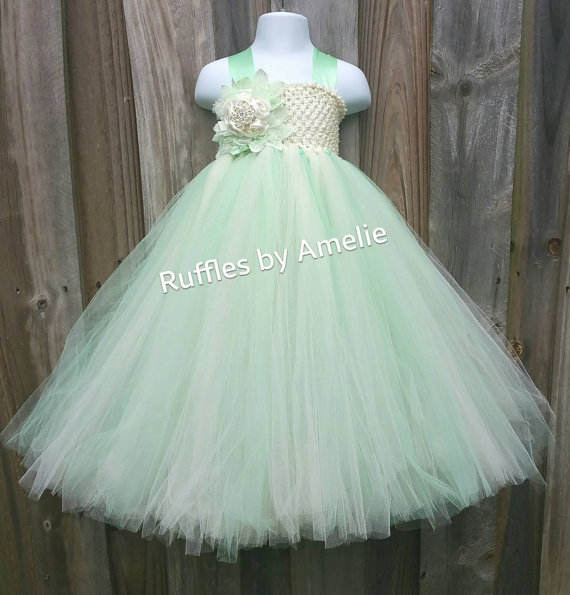 Hochzeit - Flower Girl Tutu Dress in Mint Green & Ivory Tulle. Mint Flower Girl Dress.